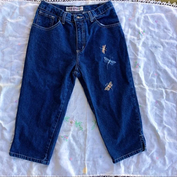 Vintage 90s embroidered denim capri pants - Picture 1 of 4